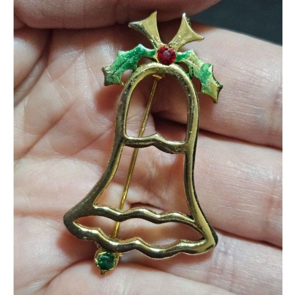 Vintage BJ Beatrix gold tone holiday bell brooch red green